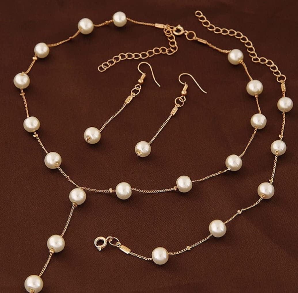 Faux Pearl Necklace Earring Bracelet Jewelry Set, Delicate and Classy Costume Jewelry Favors (Gold) Gold