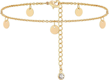 VACRONA Gold Anklets for Women 14K Gold Plated Boho Beach Beaded Chain Anklet Dainty Turquoises Evil Eye Ankle Bracelet Adjustable Chain Anklet Foot Jewelry Apparel & Accessories > Jewelry > Anklets VACRONA Disc Tassel  