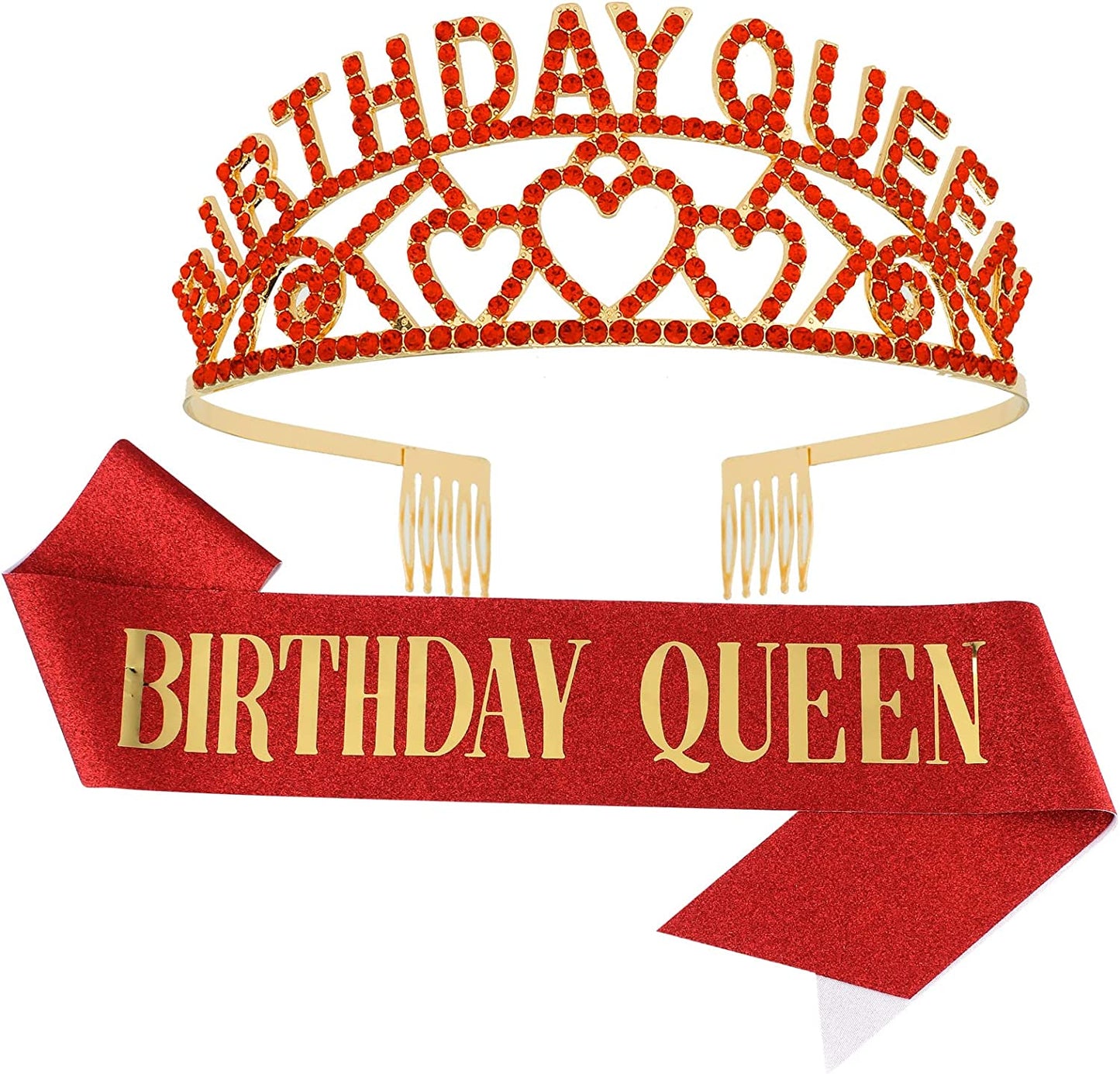 CAVETEE Gold Birthday Queen Rhinestone Tiara and Sash- Birthday Tiara and Sash Birthday Party Favors Glitter Birthday Decorations for Women（Multi Color Letter） Apparel & Accessories > Clothing Accessories > Sashes CAVETEE Red  