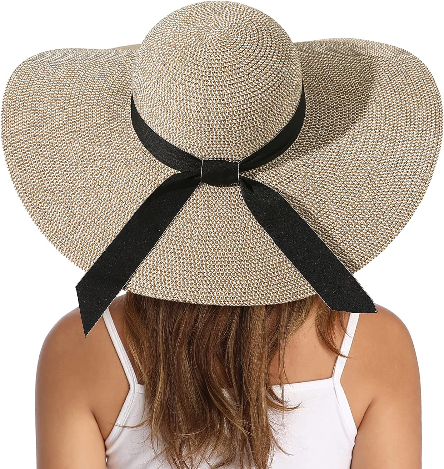 Lanzom Womens Wide Brim Straw Hat Big Floppy Foldable Roll up Cap Beach Sun Hat UPF 50+ Apparel & Accessories > Clothing Accessories > Hats Lanzom Bowknot-mixed Beige One Size 