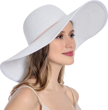 Muryobao Womens Sun Straw Hat Wide Brim UV UPF 50 Summer Hat Foldable Roll up Floppy Beach Cap for Women Apparel & Accessories > Clothing Accessories > Hats Muryobao White  