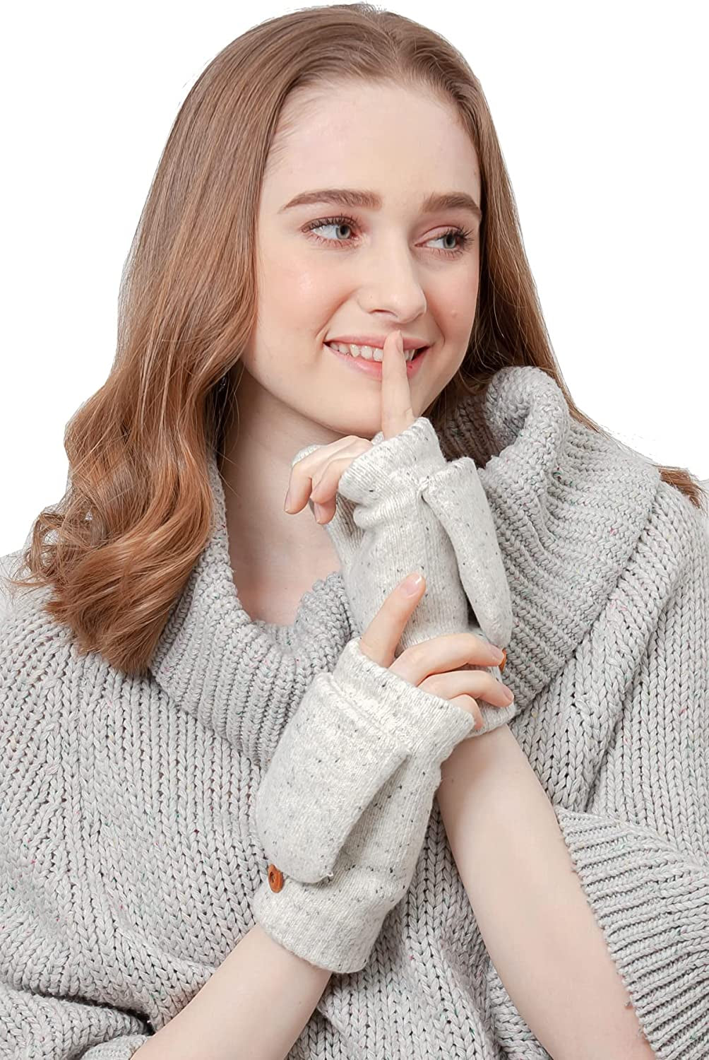 BYOS Women'S Winter Cozy Diamond Pattern Fleece Lined Flip Top Convertible Knit Gloves Mittens Apparel & Accessories > Clothing Accessories > Gloves & Mittens Be Your Own Style Snow White  