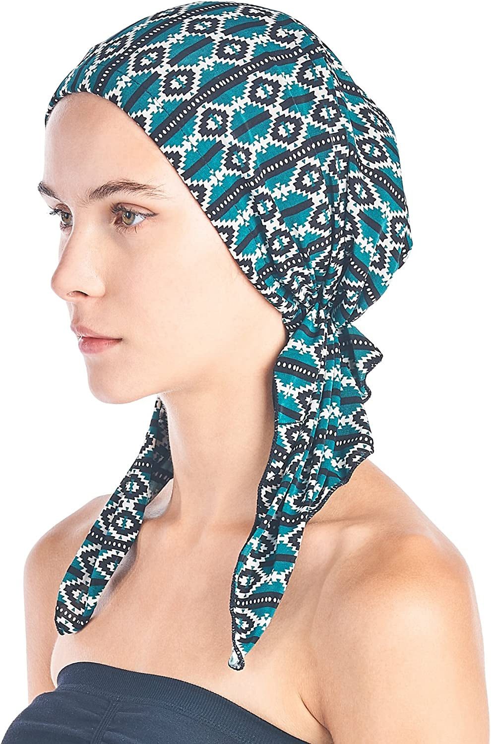 Ashford & Brooks Pre Tied Bandana Turban Chemo Head Scarf Sleep Hair Cover Hat Apparel & Accessories > Clothing Accessories > Bandanas & Headties Ashford & Brooks Teal Aztec One Size 