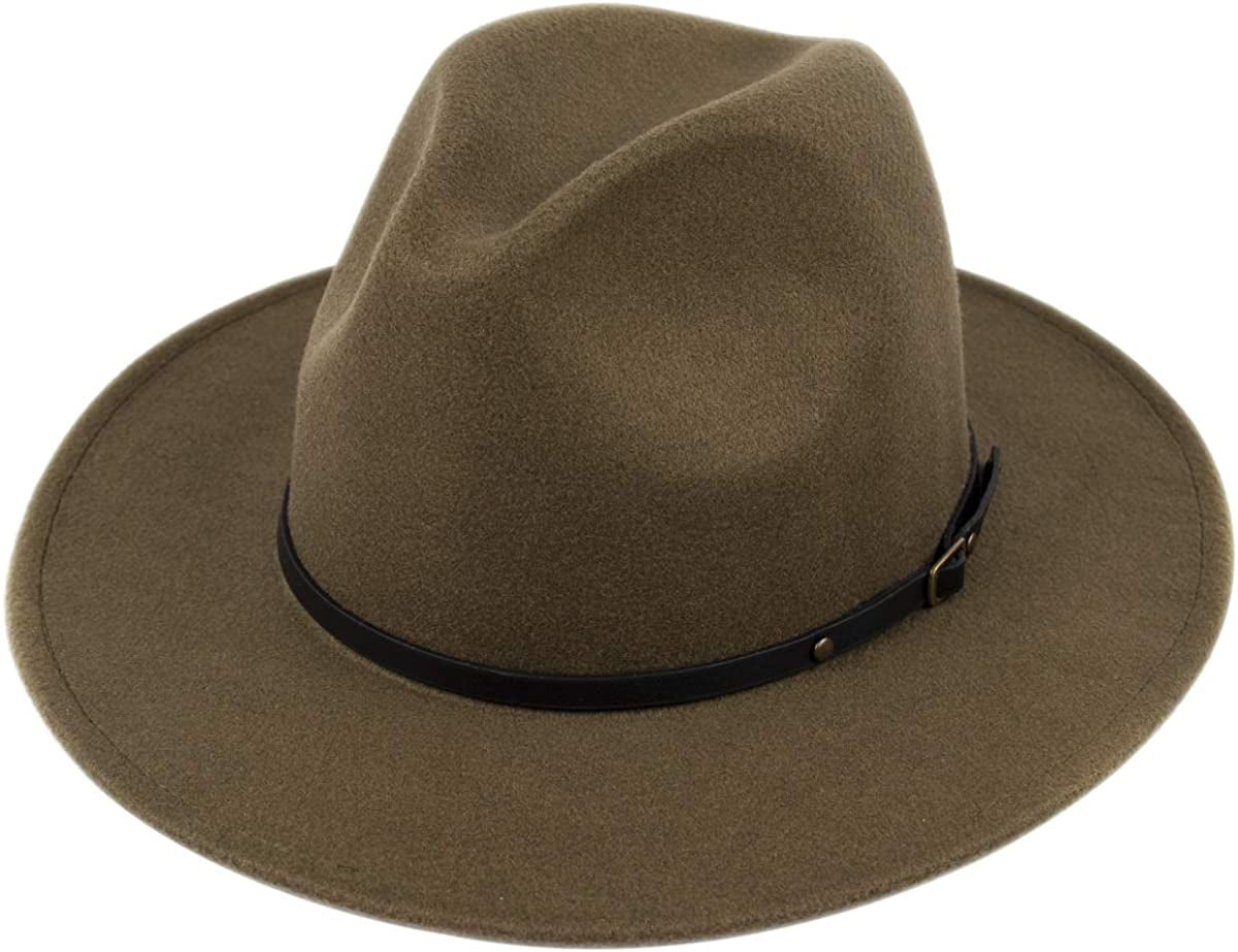 Lanzom Womens Classic Wide Brim Floppy Panama Hat Belt Buckle Wool Fedora Hat Apparel & Accessories > Clothing Accessories > Hats Lanzom Olive Green One Size 