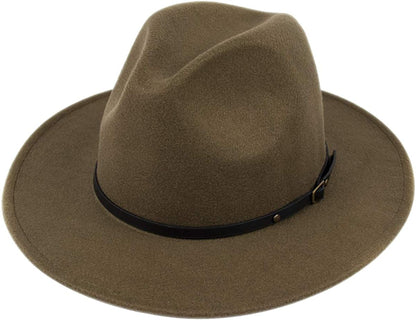 Lanzom Womens Classic Wide Brim Floppy Panama Hat Belt Buckle Wool Fedora Hat Apparel & Accessories > Clothing Accessories > Hats Lanzom Olive Green One Size 