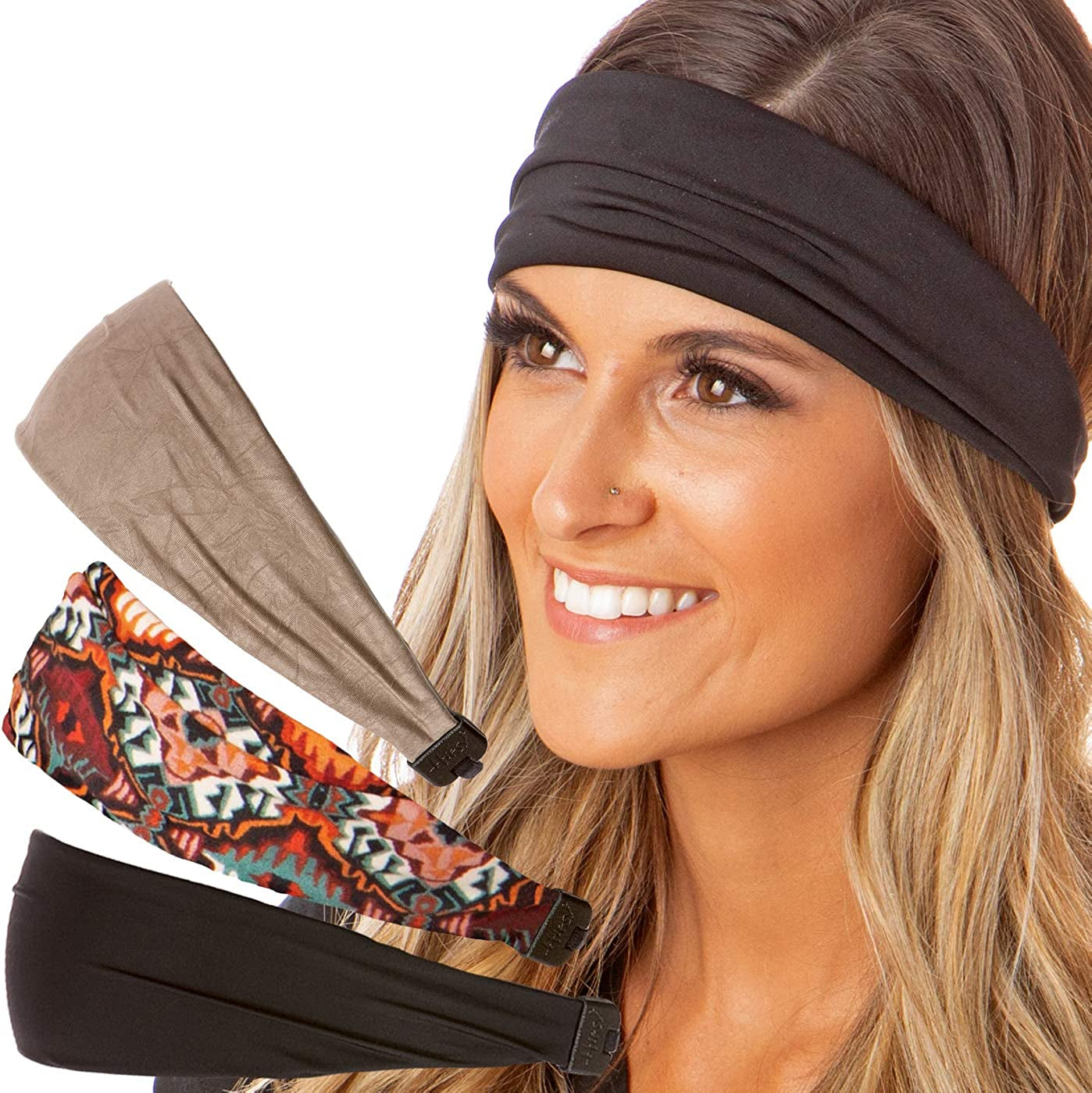 Hipsy Adjustable & Stretchy Printed Xflex Wide Headbands for Women Girls & Teens Apparel & Accessories > Clothing Accessories > Bandanas & Headties Hipsy 3pk Black/Boho/Taupe Xflex  