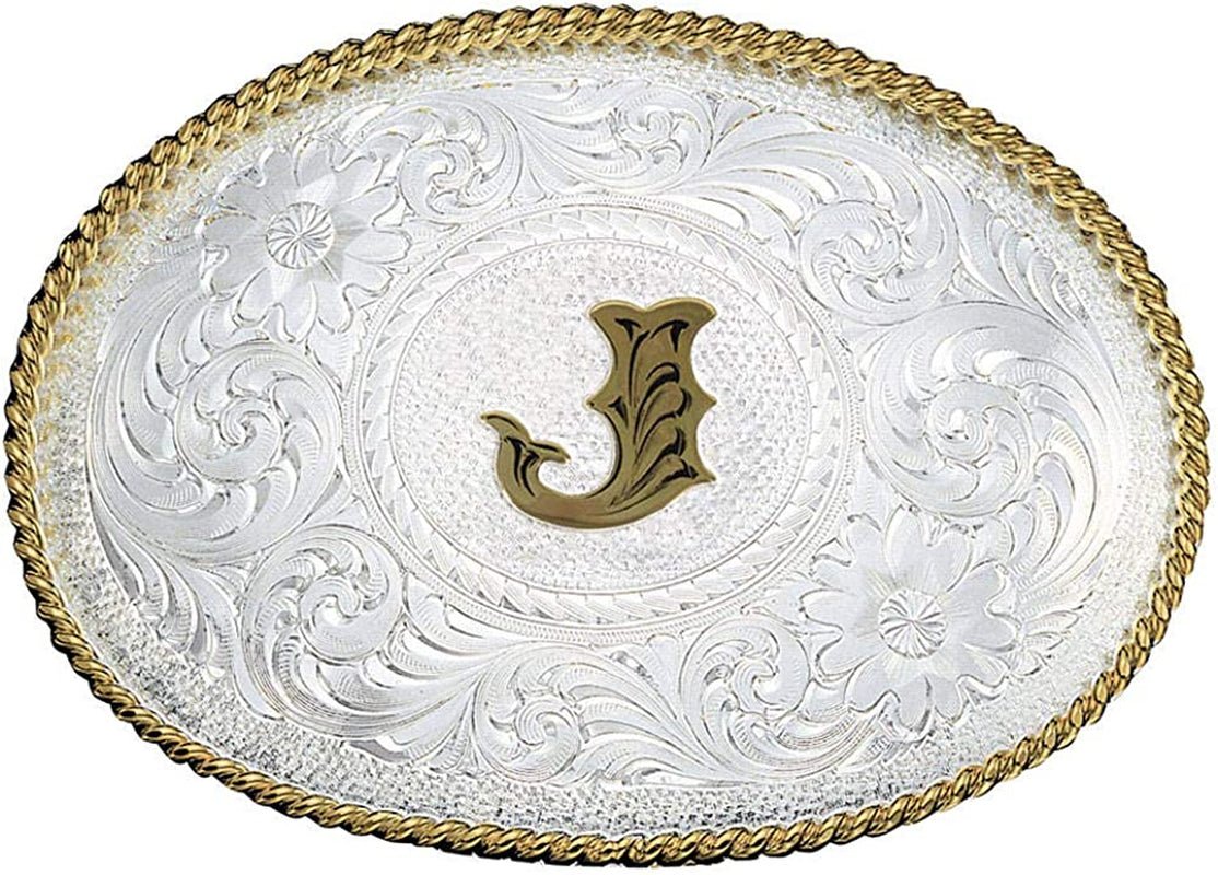Montana Silversmiths Initial Letter Silver Engraved Gold Trim Western Belt Buckle Apparel & Accessories > Clothing Accessories > Belt Buckles Montana Silversmiths Initial J  