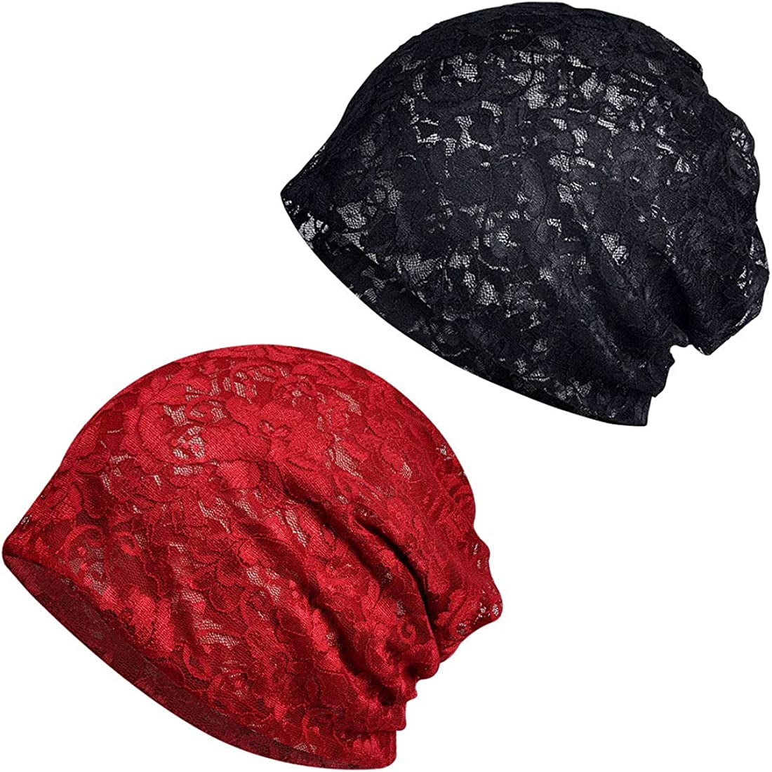 Ebossy Women'S Elegant Floral Lace Slouchy Beanie Summer Hat Headwear Circle Loop Scarf Apparel & Accessories > Clothing Accessories > Headwear ebossy 2 Pack Black/Wine  