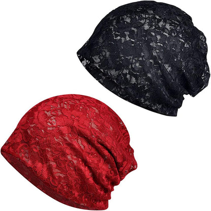 Ebossy Women'S Elegant Floral Lace Slouchy Beanie Summer Hat Headwear Circle Loop Scarf Apparel & Accessories > Clothing Accessories > Headwear ebossy 2 Pack Black/Wine  