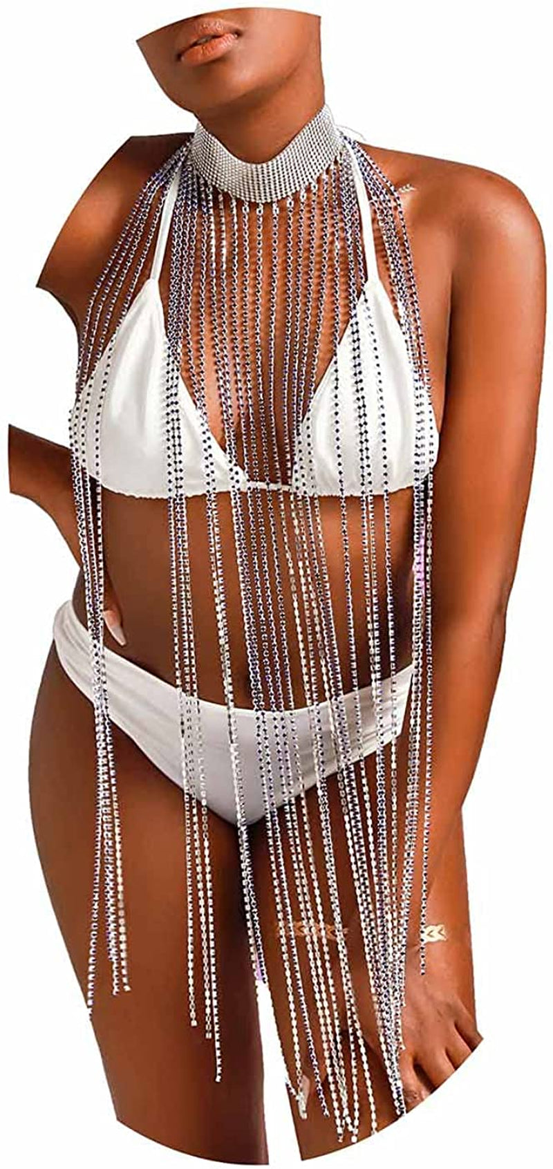 Fstrend Women Rhinestone Choker Long Tassel Necklaces Sparkly Crystal Collar Necklace Fashion Statement Party Festival Body Accessories Jewelry Chain Apparel & Accessories > Jewelry > Necklaces Fstrend Royal blue  