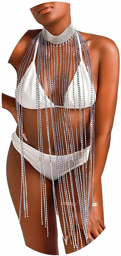 Fstrend Women Rhinestone Choker Long Tassel Necklaces Sparkly Crystal Collar Necklace Fashion Statement Party Festival Body Accessories Jewelry Chain Apparel & Accessories > Jewelry > Necklaces Fstrend Royal blue  