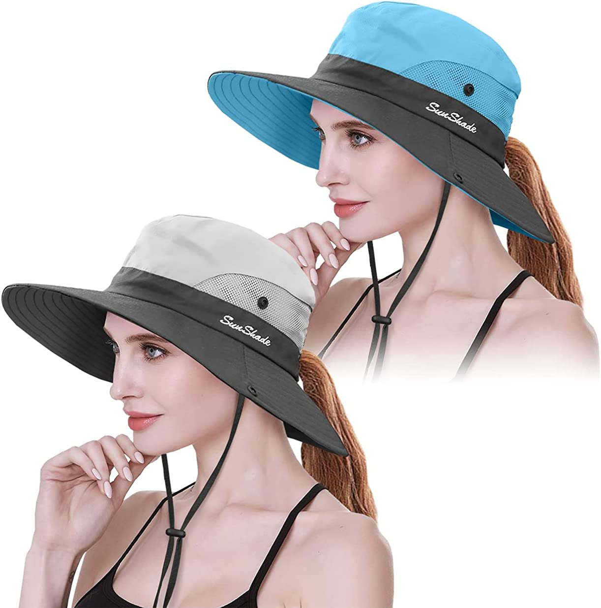 IYEBRAO 2 Pack Womens Ponytail Sun Hat UV Protection Bucket Hats Foldable Wide Brim Summer Boonie Beach Cap Fishing Hiking Apparel & Accessories > Clothing Accessories > Hats 29 IYEBRAO Beige & Sky Blue  