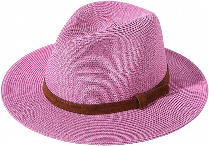 JOYEBUY Womens UPF50 Foldable Summer Straw Hat Wide Brim Fedora Sun Beach Hat Apparel & Accessories > Clothing Accessories > Hats JOYEBUY Y-brown Belt Rose  
