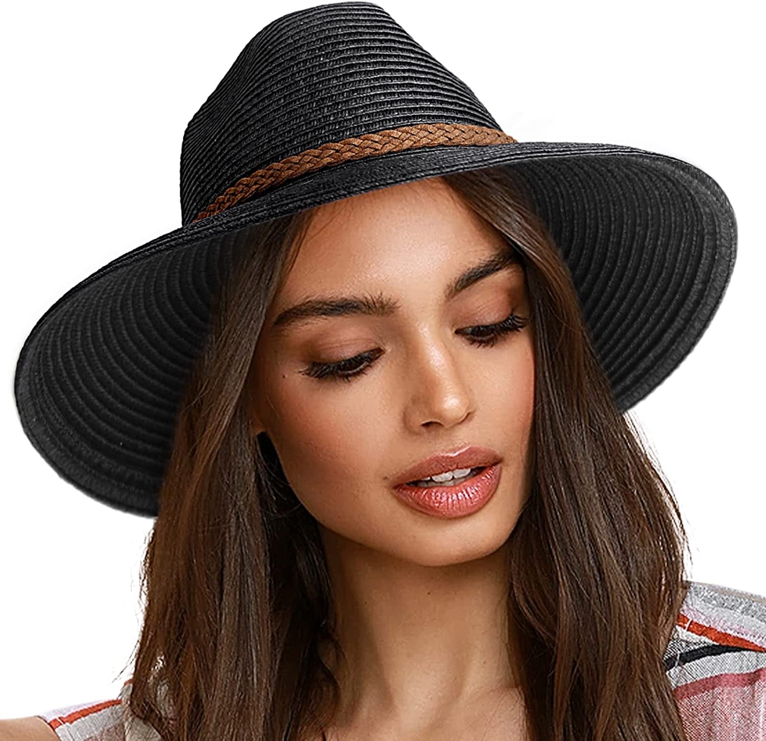 FURTALK Sun Hats for Women Summer Wide Brim UV UPF 50+ Panama Fedora Foldable Packable Straw Beach Hat Ivory Apparel & Accessories > Clothing Accessories > Hats KYLIE MAX Black Medium 