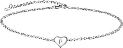 Suplight 925 Sterling Silver A-Z Initial Heart Anklets, Dainty Ankle Bracelets Beach Jewelry for Women Girls (With Gift Box) Apparel & Accessories > Jewelry > Anklets Suplight Jewelry P  
