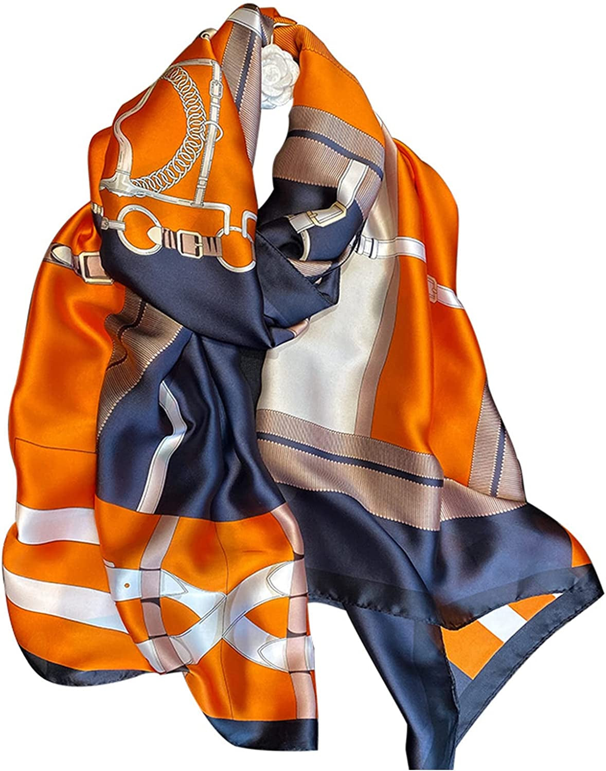 Fashion Scarves 100% Silk Felling Scarf Long Lightweight Sunscreen Shawls Wrap for Women Hair Scarves Apparel & Accessories > Clothing Accessories > Scarves & Shawls Aufeel Orange Blue  