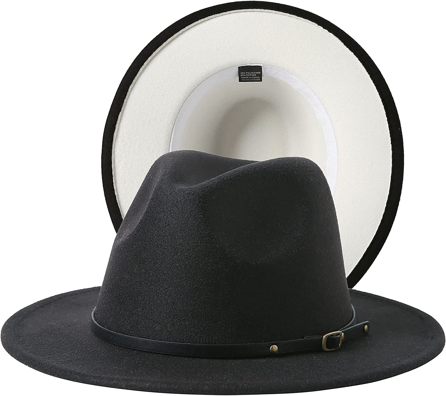 JOYEBUY Women Lady Two Tone Wide Brim Panama Hat Patchwork Colors Classic Fedora Hat with Belt Buckle Apparel & Accessories > Clothing Accessories > Hats JOYEBUY Black/White One Size 