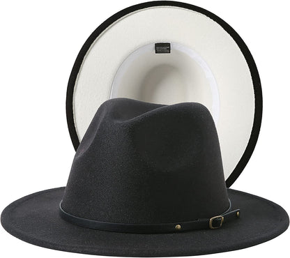 JOYEBUY Women Lady Two Tone Wide Brim Panama Hat Patchwork Colors Classic Fedora Hat with Belt Buckle Apparel & Accessories > Clothing Accessories > Hats JOYEBUY Black/White One Size 