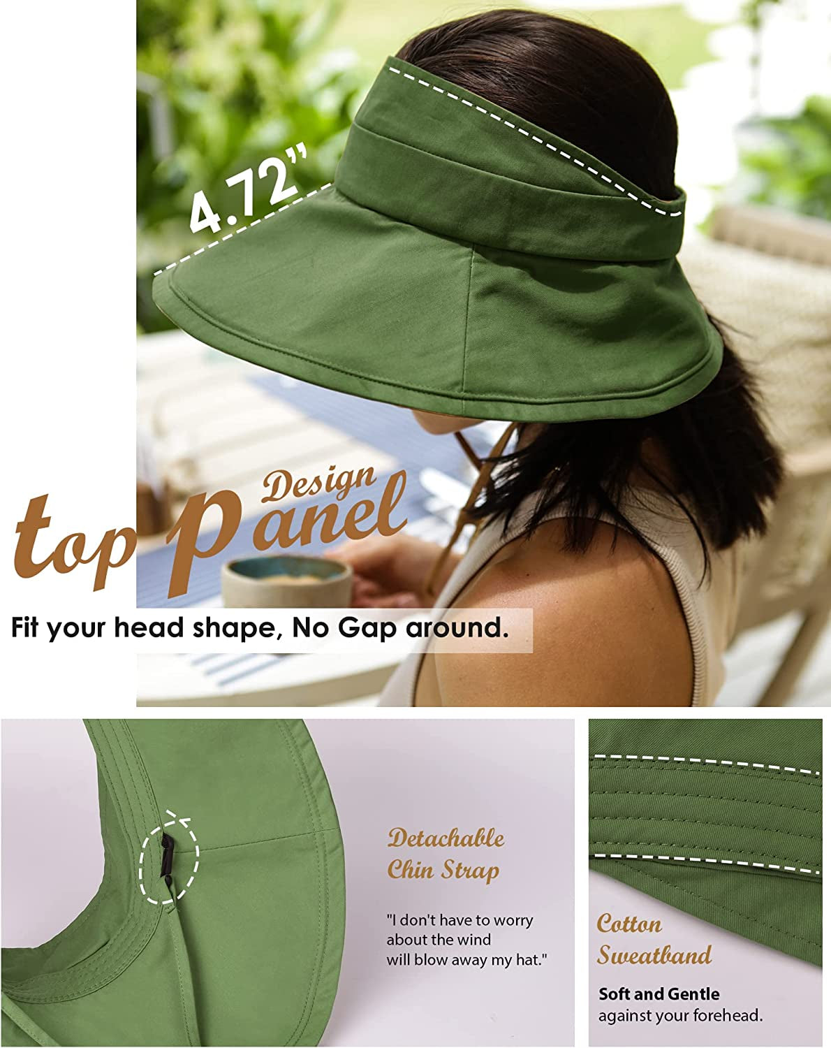 Sun Visors for Women UV Protection Wide Brim Sun Visor Hat Packable Summer Beach Visors for Women Adjustable Army Green Apparel & Accessories > Clothing Accessories > Hats Hatiis   
