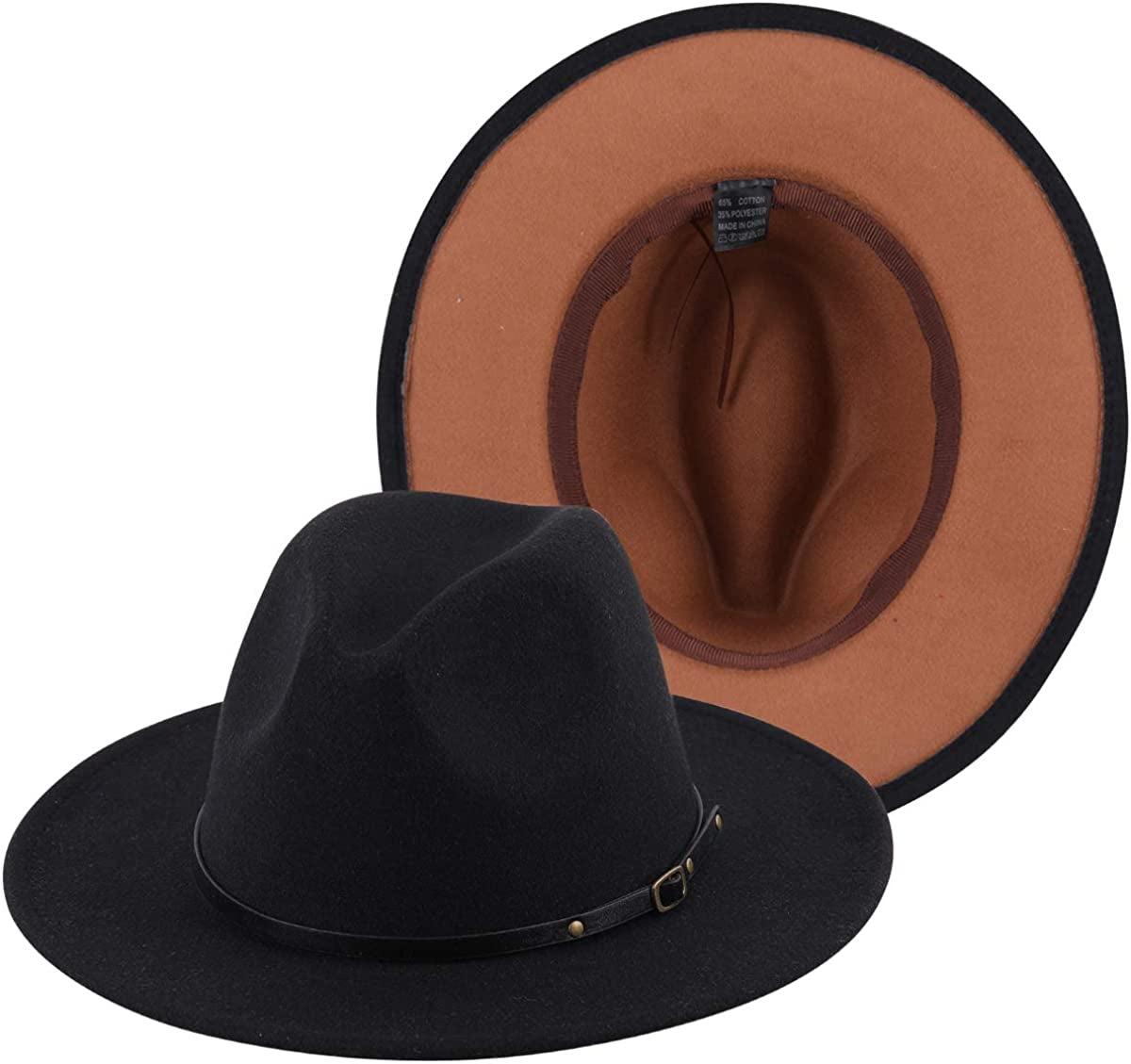 Lanzom Womens Classic Wide Brim Floppy Panama Hat Belt Buckle Wool Fedora Hat Apparel & Accessories > Clothing Accessories > Hats Lanzom Black + Khaki(inside) One Size 