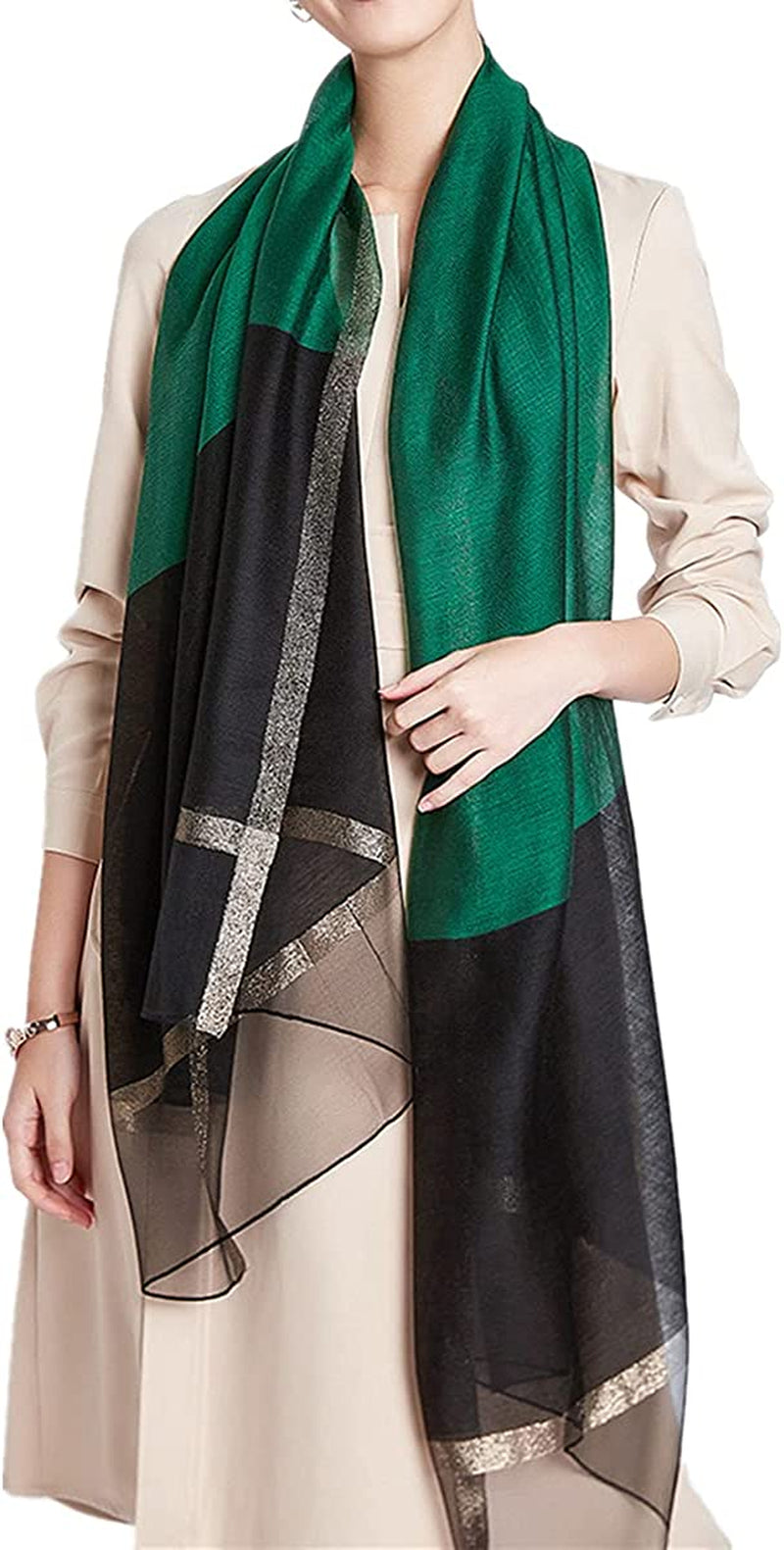 WINCESS YU Solid Color Mulberry Silk Scarf for Women Soft Blanket Shawl Beach Gauze Scarves and Wraps for for All Season Apparel & Accessories > Clothing Accessories > Scarves & Shawls WINCESS.YU Green & Black  