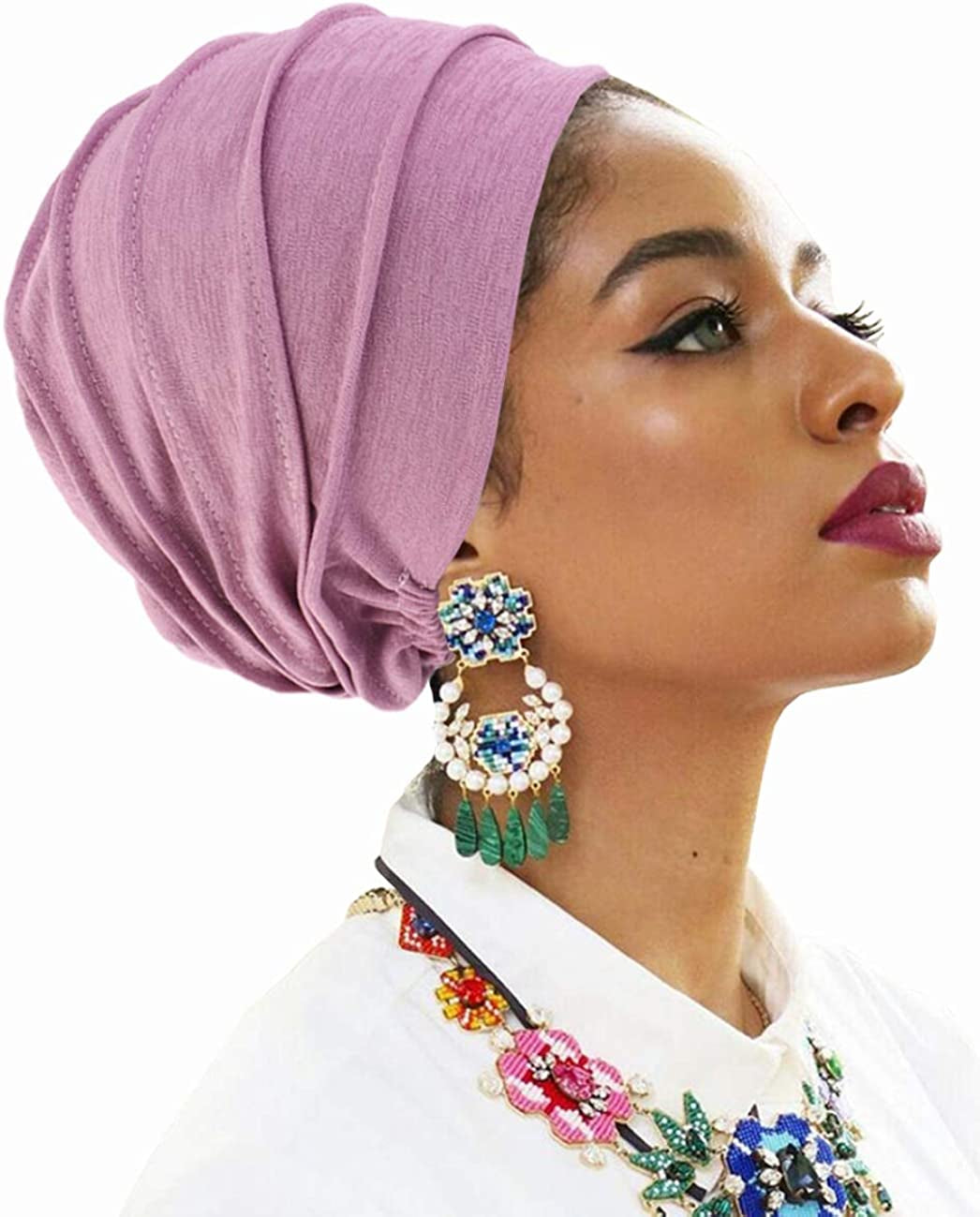 Pleated Chemo Cotton Turban Hat Alopecia Headwear Bald Head Cap for Cancer Covers Women Scarf Apparel & Accessories > Clothing Accessories > Headwear Harewom Purple One Size-Large 