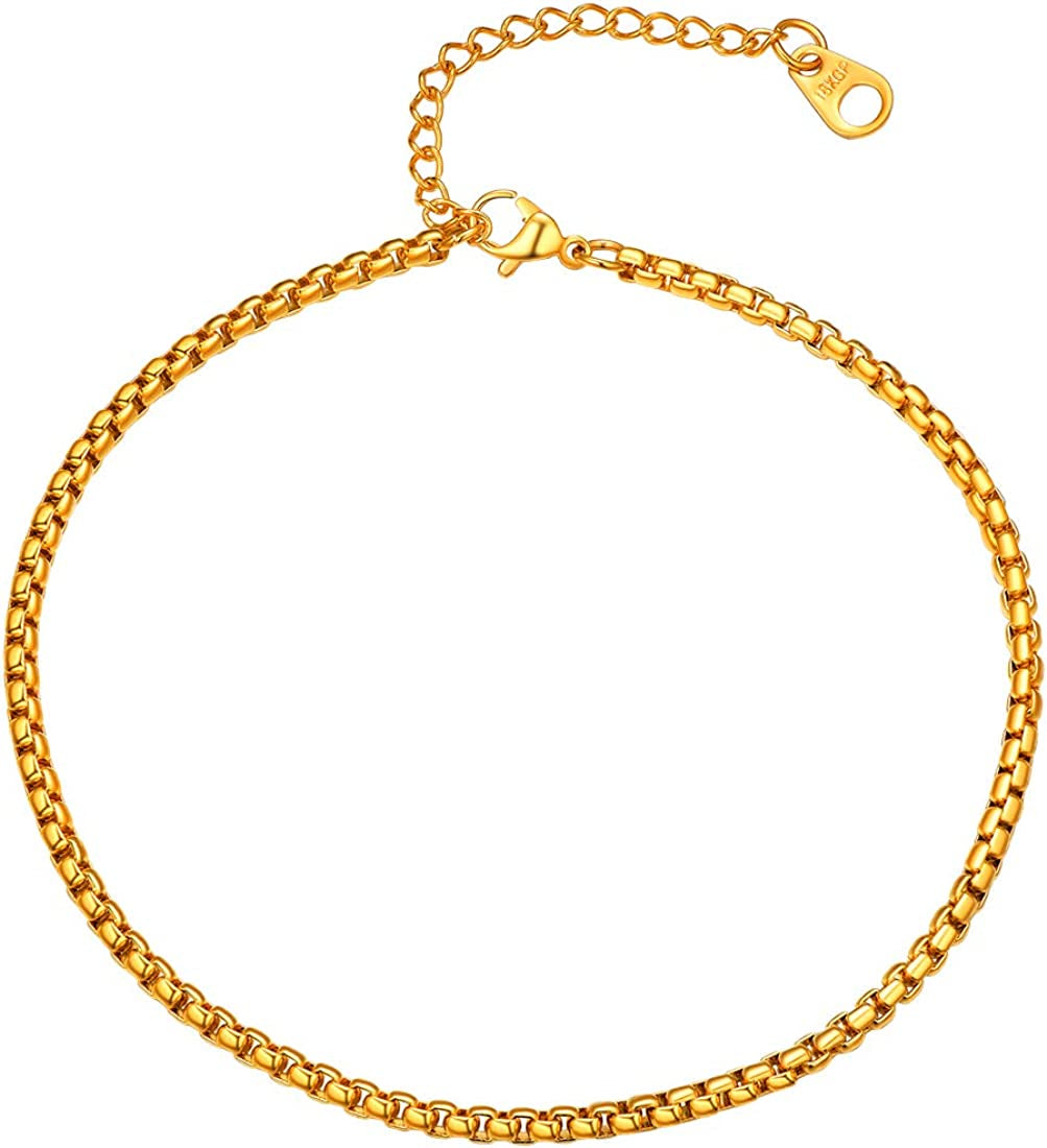 Women Girls Barefoot Jewelry 18K Gold or Rose Gold Stainless Steel Heart / Rope / Figaro / Cuban Chain Anklet Foot Bracelet, 25-30 CM Long Apparel & Accessories > Jewelry > Anklets U7 Jewelry 06.Gold plated-3mm box chain  