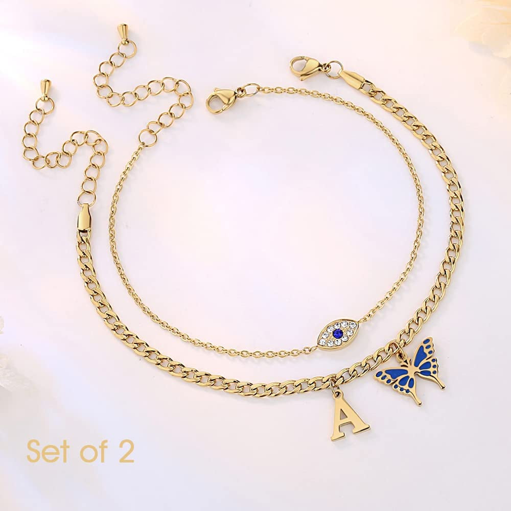 SAM & LORI 2 Pcs Anklets Set 18K Gold Plated Dainty Layered Personalized Initial Anklets Bracelets - Blue Butterfly - Sparkling CZ Evil Eye - Adjustable Summer Jewelry for Women Teen Girls Apparel & Accessories > Jewelry > Anklets SAM & LORI   