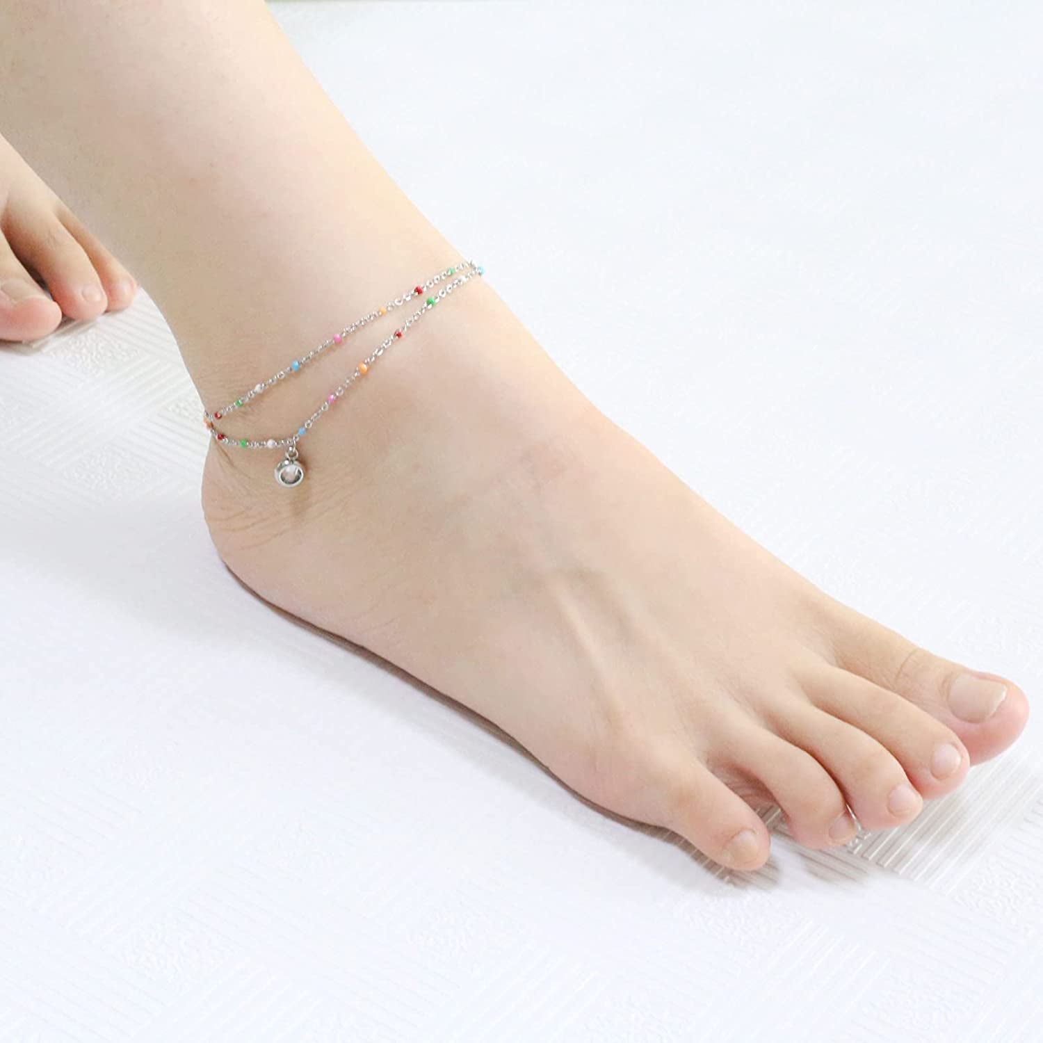 Nobrand Crystal Stainless Steel Anklet Color Beaded Dainty Hanging Bells Cute Charm Adjustable Beach Double Layer Foot Chain for Women Teen Girls, 8.26 Inch+2.36 Inches Apparel & Accessories > Jewelry > Anklets nobrand   