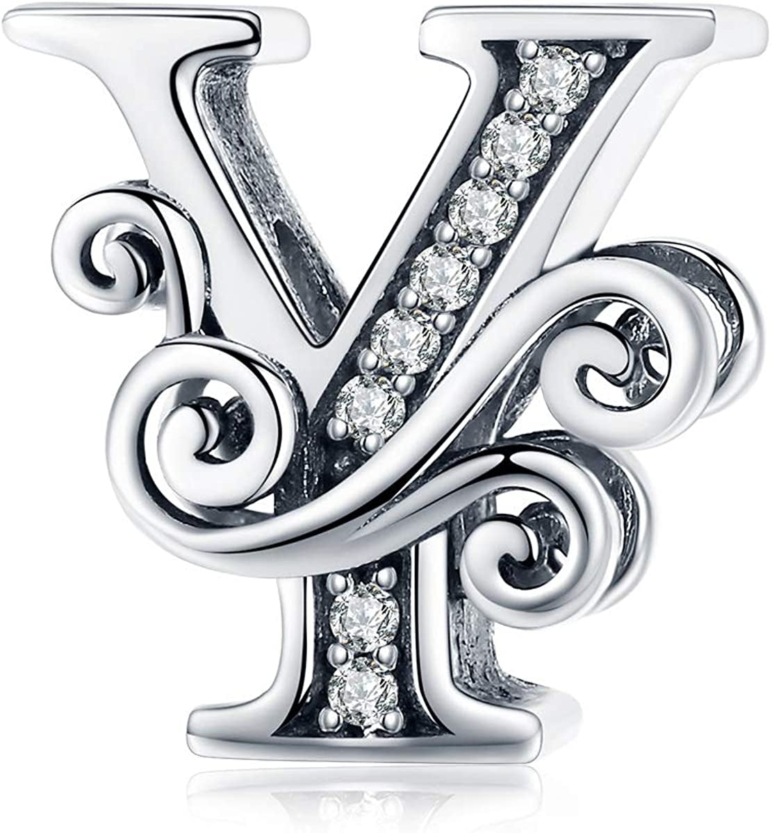 Solid 925 Sterling Silver with Cubic Stones, Complete A~Z Gift Options Alphabet Charm Letter Beads Fit Pandora European Bracelets Apparel & Accessories > Jewelry > Bracelets ABAOLALA ALPHABET Y  