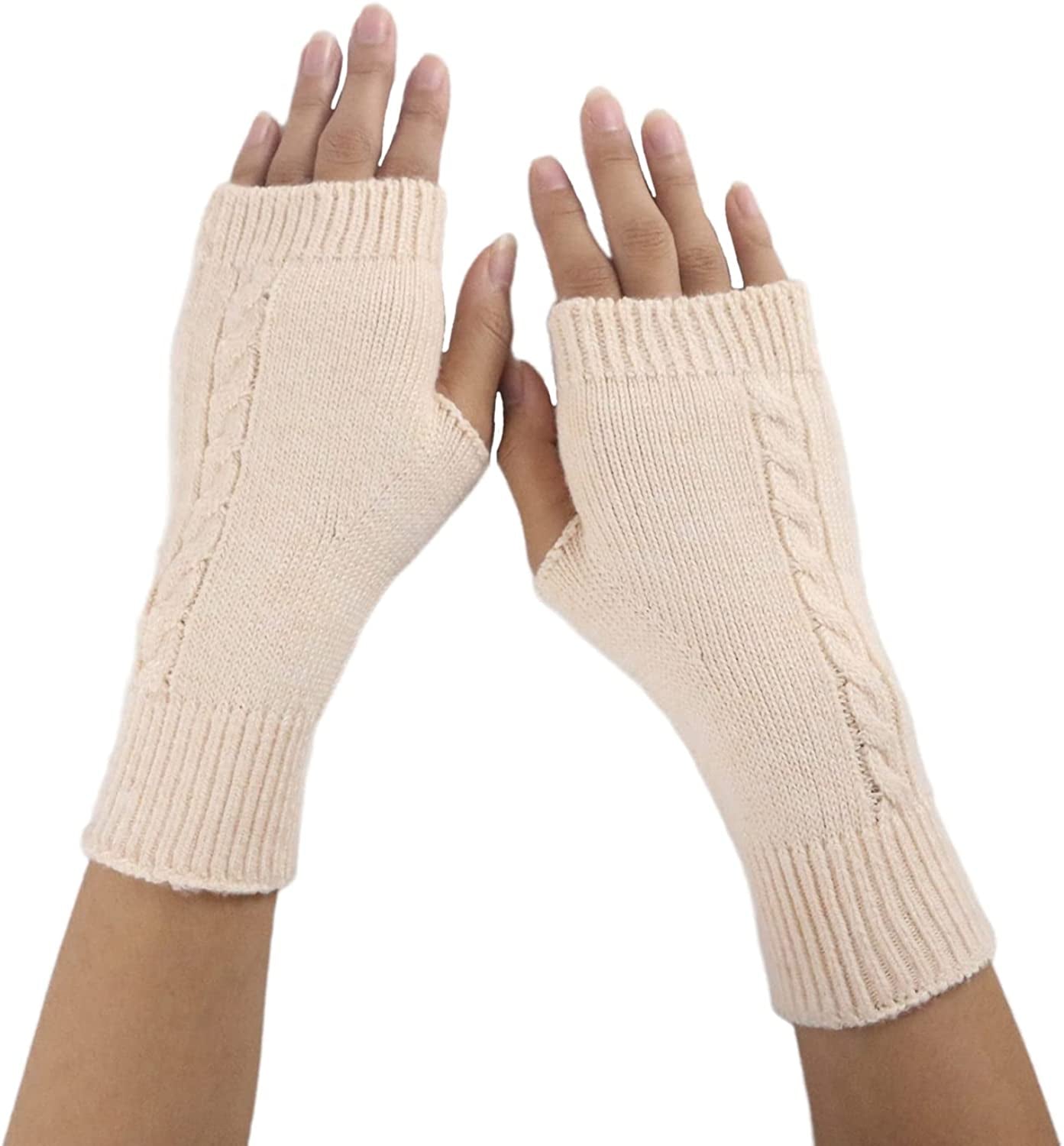 Facecozy Wool Blend Fingerless Gloves for Women Arm Warmers Unisex Half Finger Typing Gloves Mittens Apparel & Accessories > Clothing Accessories > Gloves & Mittens Facecozy Beige  
