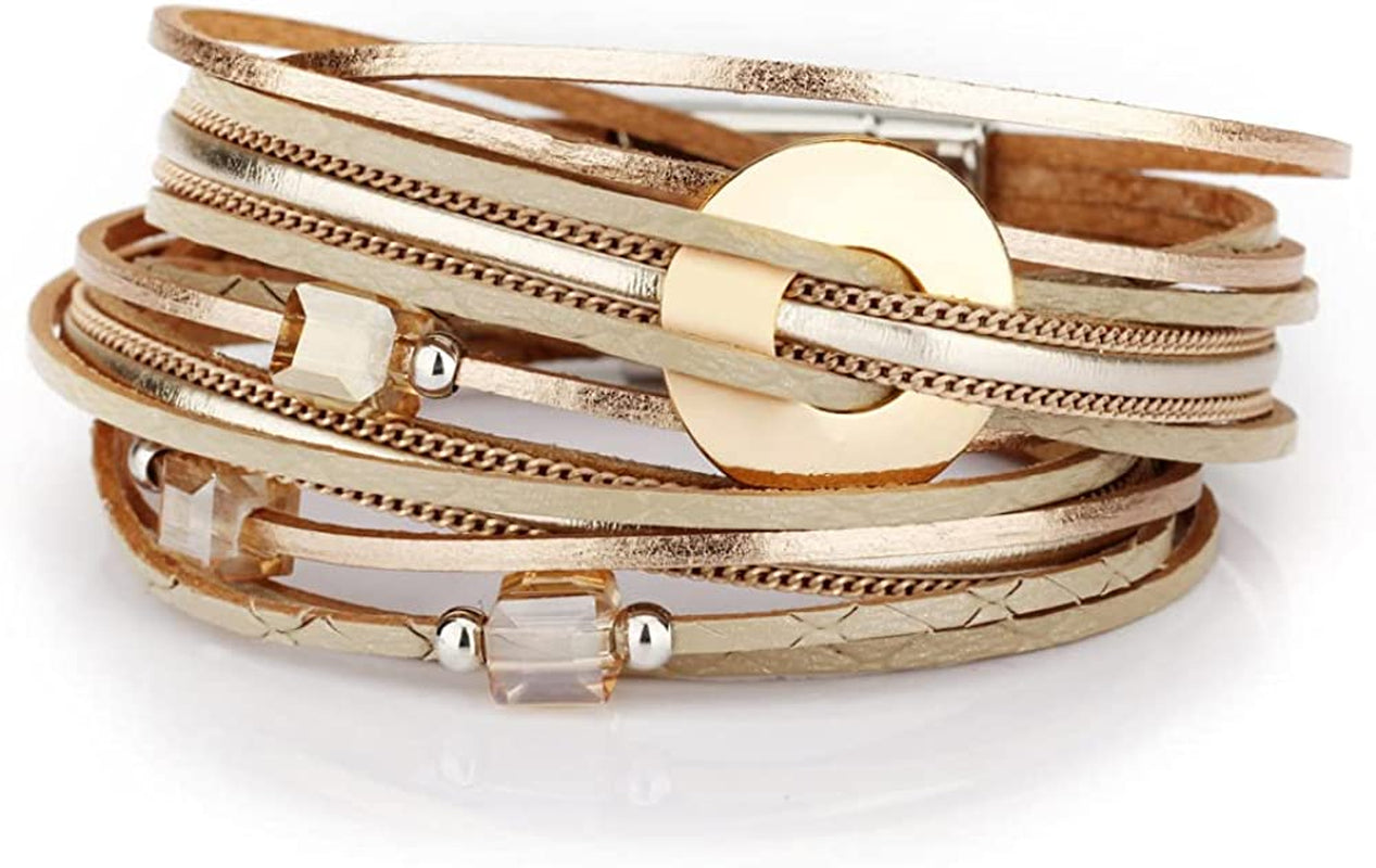 Fesciory Leather Wrap Bracelet for Women, Leopard Multi-Layer Magnetic Buckle Cuff Bracelet Jewelry Apparel & Accessories > Jewelry > Bracelets Fesciory B38-Metal Disc(Gold)  