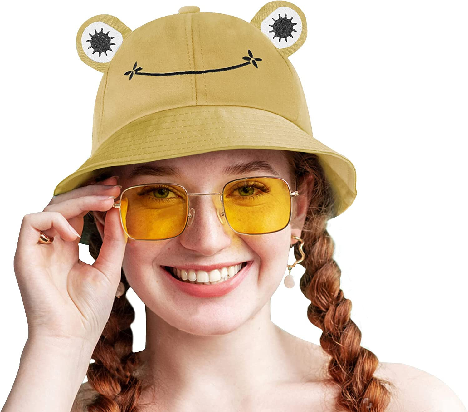 SAOROPEB Frog Hat for Adult Teens, Cute Frog Bucket Hat, Cotton Bucket Hat Funny Hat Fisherman Hat for Men Women Apparel & Accessories > Clothing Accessories > Hats SAOROPEB Khaki  