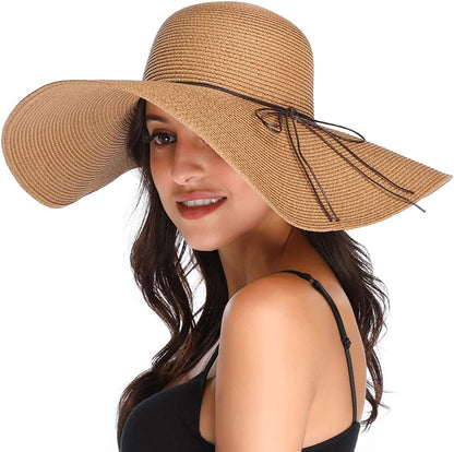 Lanzom Womens Wide Brim Straw Hat Big Floppy Foldable Roll up Cap Beach Sun Hat UPF 50+ Apparel & Accessories > Clothing Accessories > Hats Lanzom String-khaki One Size 