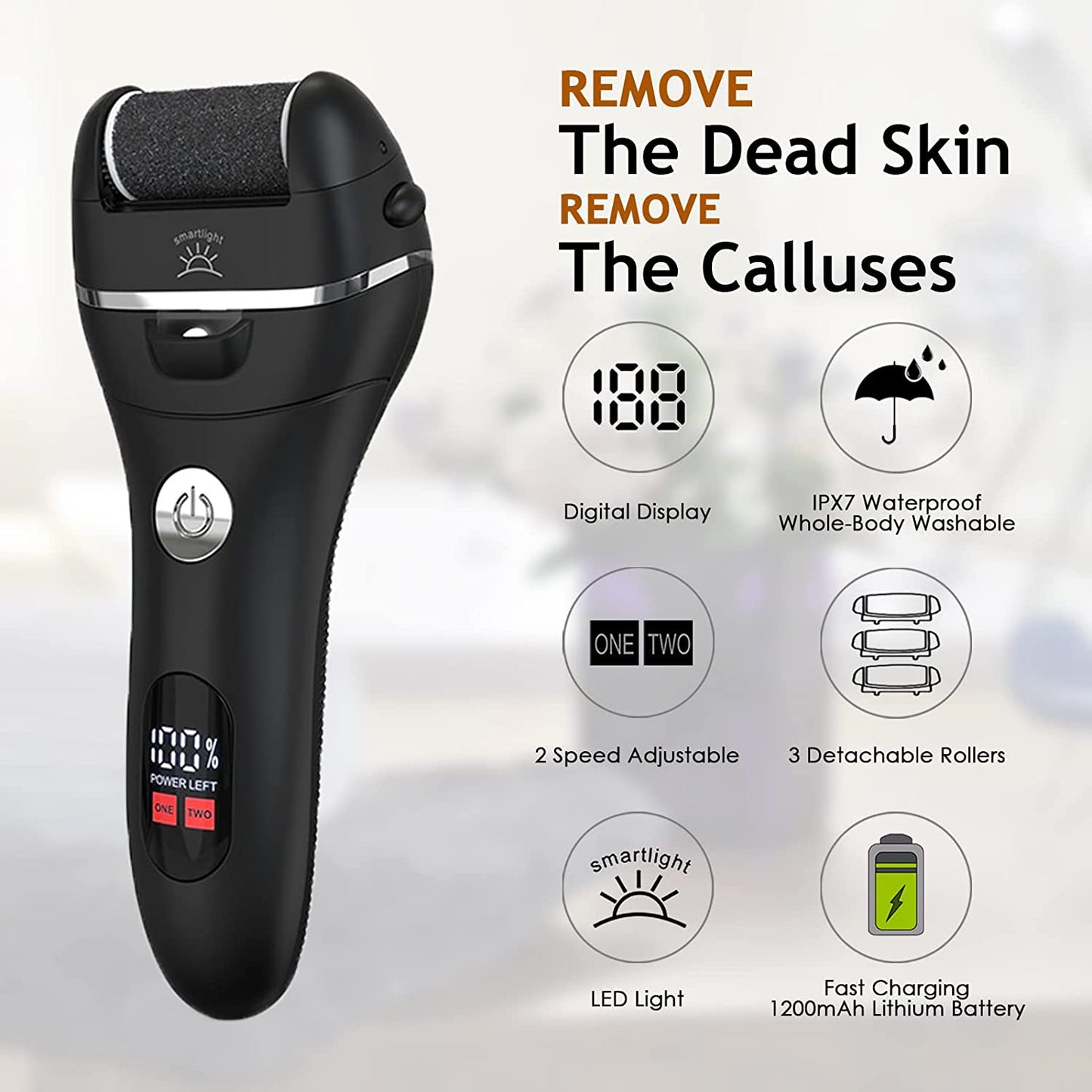 Electric Foot File Callus Remover - IPX7 Waterproof Rechargeable Callus Remover for Feet with 8 in 1 Pedicure Kit Foot Care, 3 Roller Heads, and 2 Speeds Health & Beauty > Personal Care > Foot Care PEFOOK   