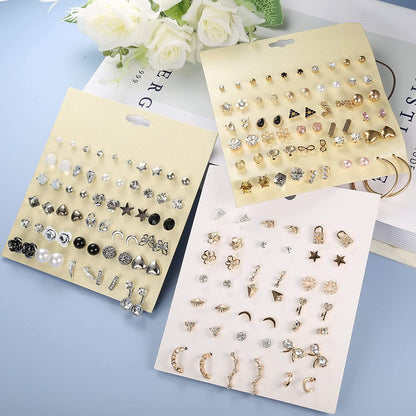 Thunaraz 81Pairs Small Stud Earrings Set for Women Men Triangle Circle Bar Star Moon Geometric Leaf Arrow Flower Bow CZ Ball Faux Pearl Hoop Dangle Earrings Set Apparel & Accessories > Jewelry > Earrings THUNARAZ   