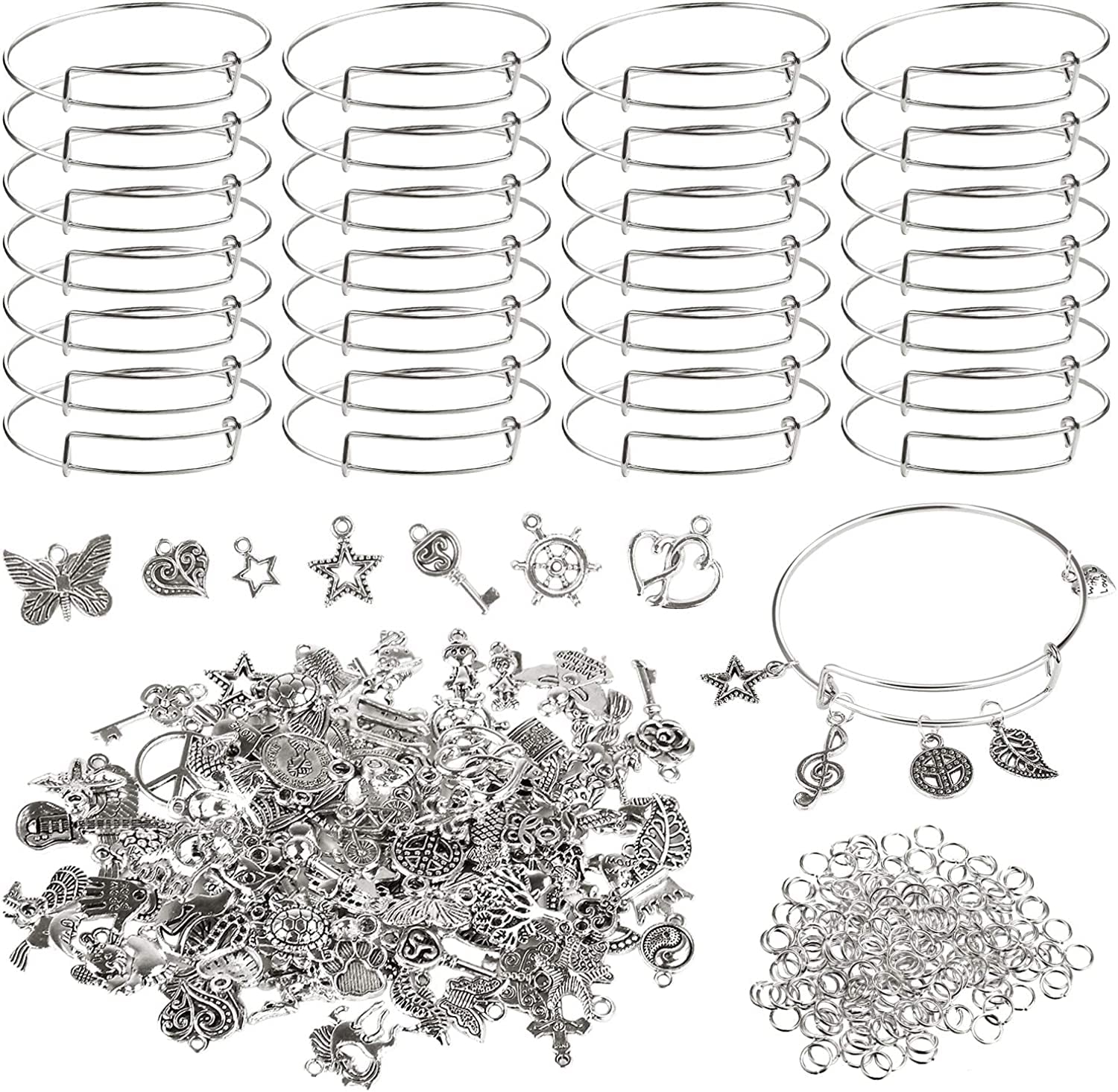 UPINS 30Pcs Silver Expandable Blank Bracelets Adjustable Wire Bangles with 100Pcs Tibetan Silver Charms, 200Pcs Open Jump Rings for Jewelry Making Apparel & Accessories > Jewelry > Bracelets UPINS Silver  