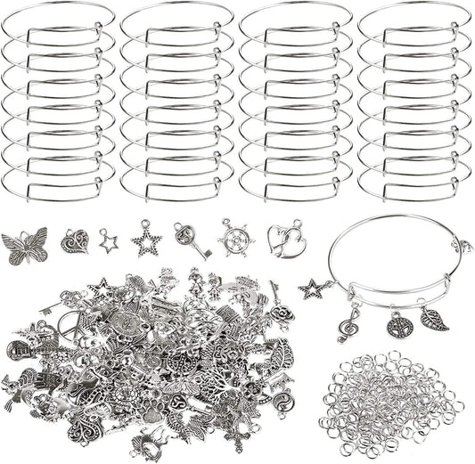 UPINS 30Pcs Silver Expandable Blank Bracelets Adjustable Wire Bangles with 100Pcs Tibetan Silver Charms, 200Pcs Open Jump Rings for Jewelry Making Apparel & Accessories > Jewelry > Bracelets UPINS Silver  