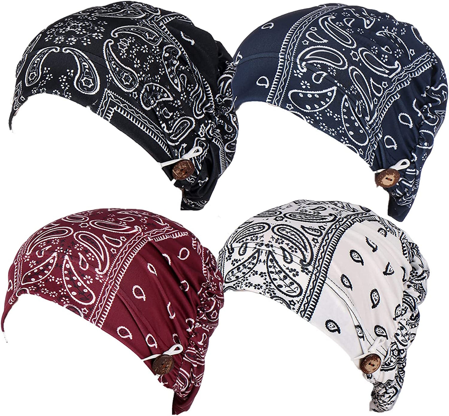 Qianmome 2-4 Pack Beanie with Button for Women Men Nurse,Working Hat,Chemo Caps for Cancer Patients Apparel & Accessories > Clothing Accessories > Headwear Qianmome 1b10-black&navy&wine&white  