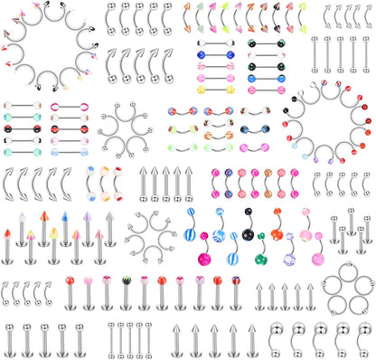 Ubjuliwa 148Pcs - 185Pcs Body Piercing Jewelry for All Piercings, Tongue Nipple Rings Eyebrow Lip Belly Button Barbell Nose Piercing Tragus Navel Body Jewelry for Women Piercings 14G-18G Apparel & Accessories > Jewelry > Body Jewelry Ubjuliwa style1  