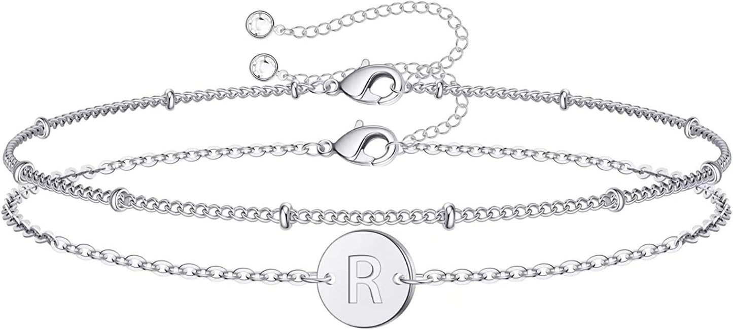 Silver Initial Bracelets for Women Teen Girls, 14K White Gold Filled Layered Letter Initial Bracelet Dainty Disc Initial Charm Bracelets Silver Bracelets for Women Girls Jewelry Gifts for Girls Apparel & Accessories > Jewelry > Bracelets MONOZO R  