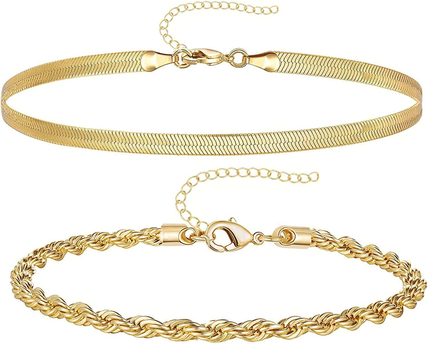 Reoxvo Dainty Gold Chain Bracelets Set for Women 14K Real Gold Plated Link Chain Bracelets for Women Trendy Gold Stackable Bracelets for Women Adjustable 7"+2" Apparel & Accessories > Jewelry > Bracelets Reoxvo Style 09  