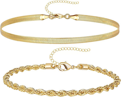 Reoxvo Dainty Gold Chain Bracelets Set for Women 14K Real Gold Plated Link Chain Bracelets for Women Trendy Gold Stackable Bracelets for Women Adjustable 7"+2" Apparel & Accessories > Jewelry > Bracelets Reoxvo Style 09  