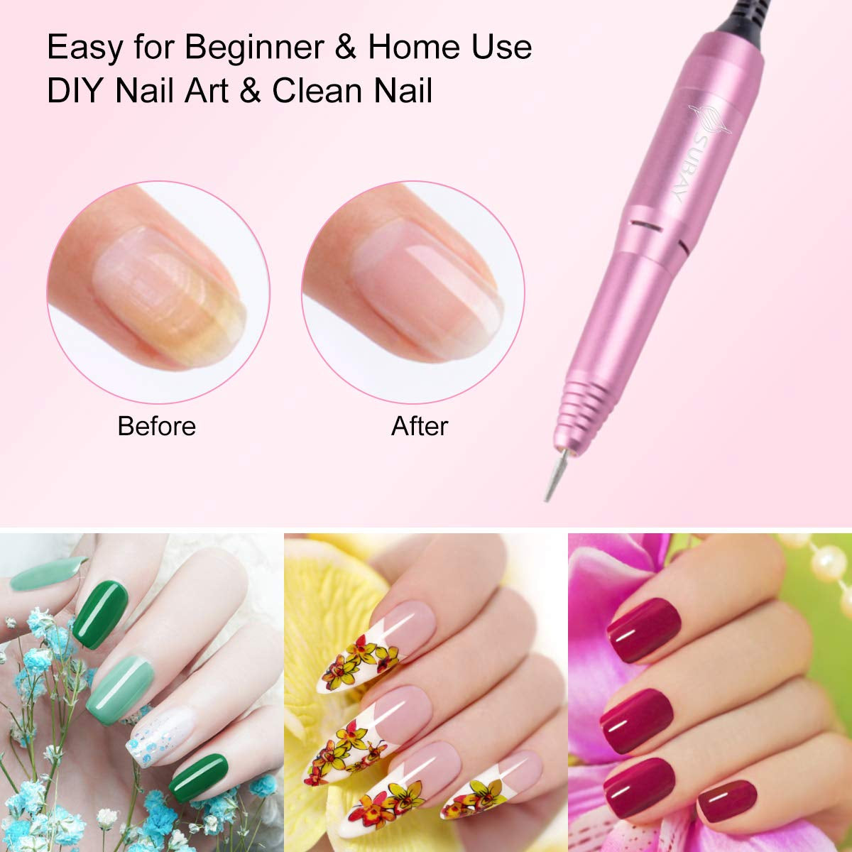 Subay Professional Finger Toe Nail Care Electric Nail Drill Machine Manicure Pedicure Kit Electric Nail Art File Drill with 1 Pack of Sanding Bands (Pink) Health & Beauty > Personal Care > Cosmetics > Cosmetic Tools > Nail Tools SUBAY   