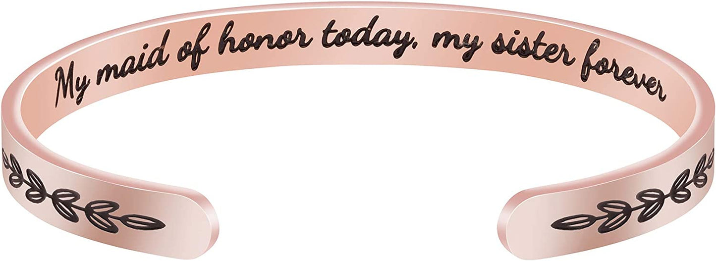 Joycuff Inspirational Bracelets for Women Motivational Gift for Her Sister Mom Daughter Friend Christmas Birthday Thanks Giving Gifts Jewelry for Women Apparel & Accessories > Jewelry > Bracelets LEIFAN JEWELRY My maid of honor my sister forever - Rose Gold  