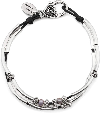 Lizzy James Lucy Anklet Bracelets for Women in Natural Black Leather Silver Plate Crescents Apparel & Accessories > Jewelry > Anklets Lizzy James Silver Plain 11 INCH 