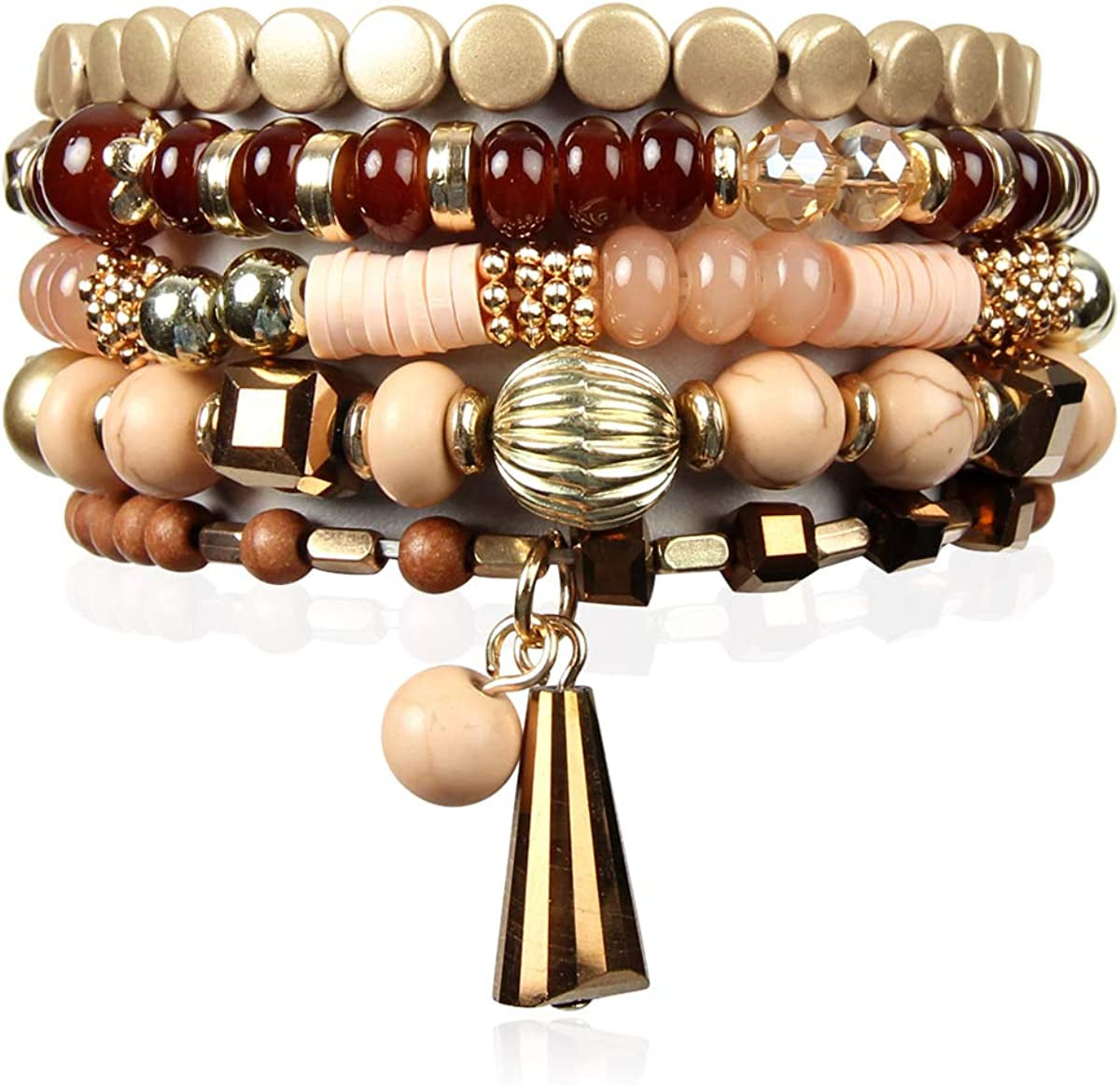 Bohemian Mix Bead Multi Layer Versatile Statement Bracelets - Stackable Beaded Strand Stretch Bangles Sparkly Crystal, Tassel Charm Apparel & Accessories > Jewelry > Bracelets RIAH FASHION Brown  