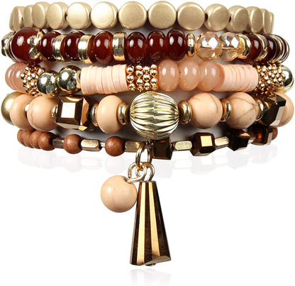 Bohemian Mix Bead Multi Layer Versatile Statement Bracelets - Stackable Beaded Strand Stretch Bangles Sparkly Crystal, Tassel Charm Apparel & Accessories > Jewelry > Bracelets RIAH FASHION Brown  
