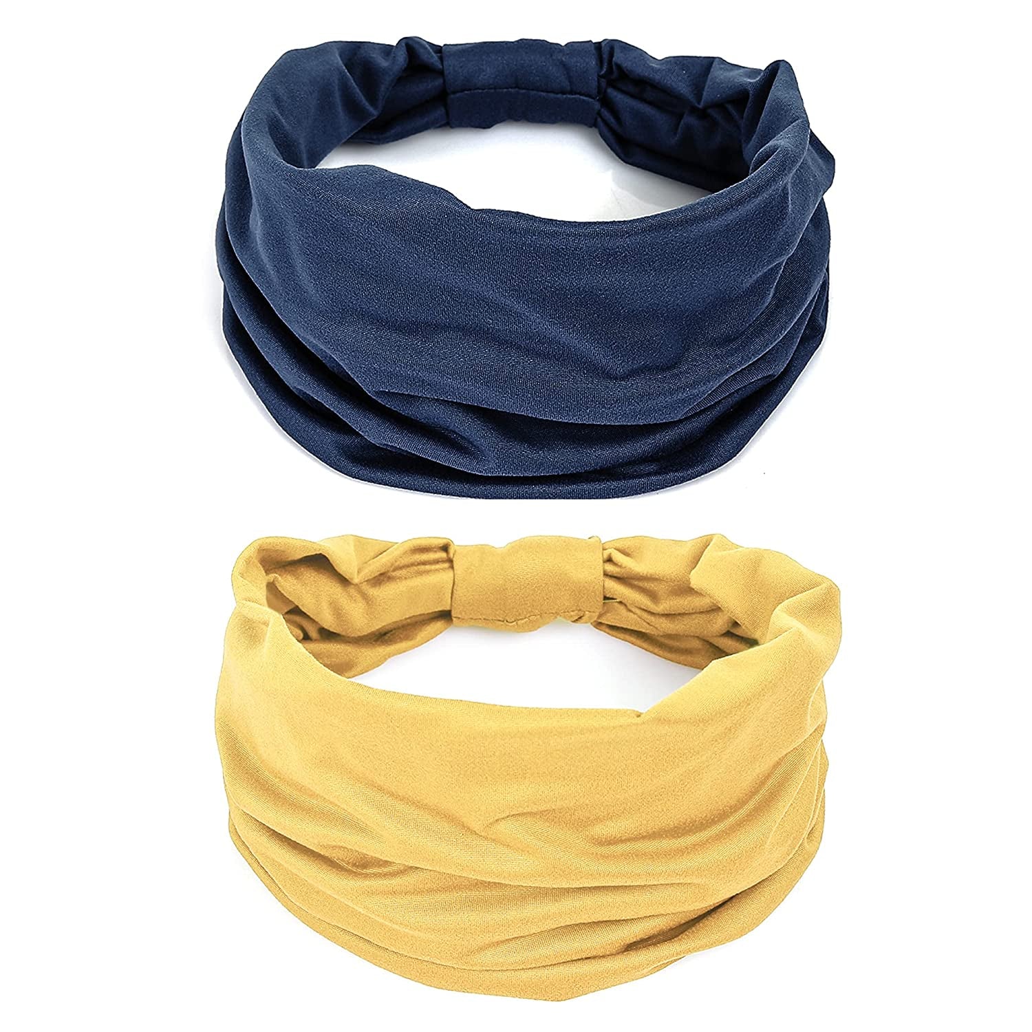 Gili 6 Pack Wide Headbands for Women Non Slip Soft Elastic Hair Bands Yoga Running Sports Workout Gym Head Wraps , Knotted Cotton Cloth African Turbans Bandana ( with 6 Pcs Hair Ties) Apparel & Accessories > Clothing Accessories > Bandanas & Headties GILI 2 Color (Navy+Yellow)  