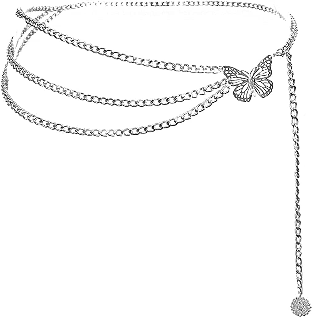Eyraevor Women Long Tassel Waist Chain Belt Multilayer Body Belly Chain for Dress Apparel & Accessories > Jewelry > Body Jewelry Eyraevor Silver Butterfly-49inch  